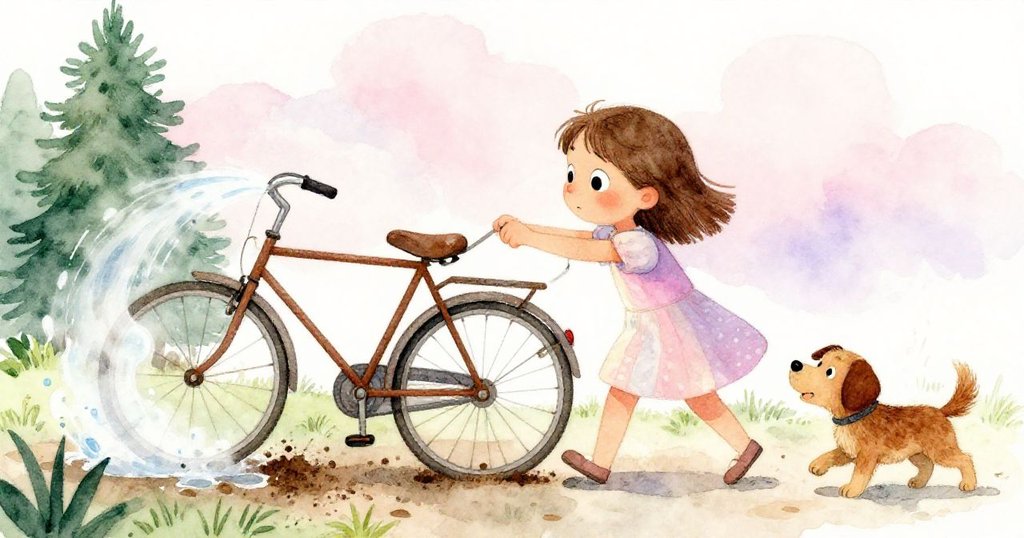 Mia堅定地拉出自行車車架並灑水軟化土壤，Bristle好奇圍觀，背景呈現生動的庭院氛圍。