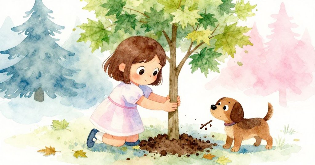 Mia細心地填土圍繞著細小楓樹樹幹，Bristle搭手（以棍子）助植，背景有落葉點綴顯露成長活力。