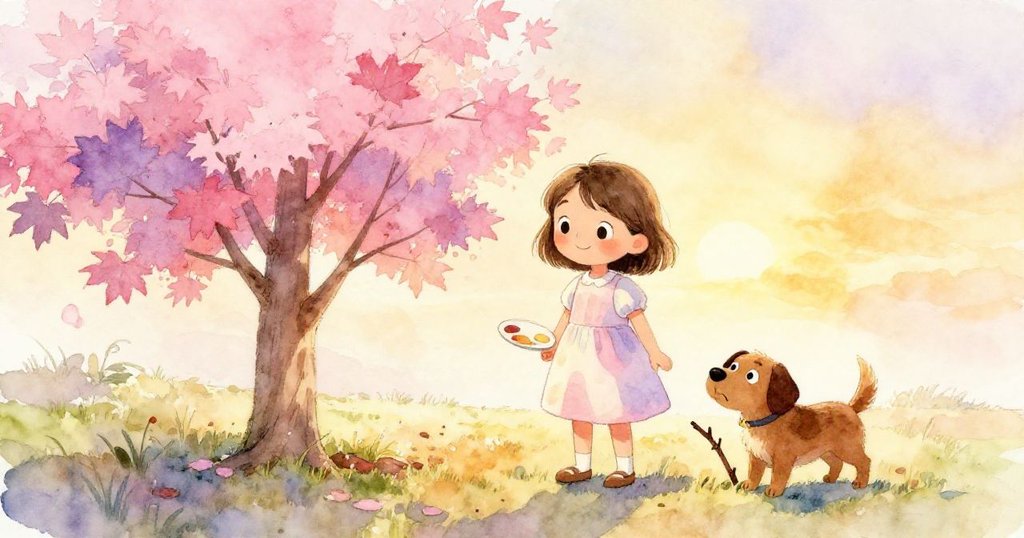 Mia在夕陽黃金光輝下欣賞自己植樹成果，楓樹新生堅強立著，Bristle快樂地伴隨，展現溫暖結局。