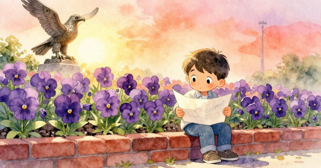 Elias在花圃旁展開素描本,低矮磚牆、紫色三色堇背景中流露出專注與期待的神情。