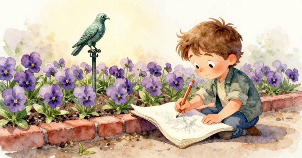 Elias臉部特寫,注視著被水滴打濕的素描本,展現出驚訝與專注的情緒,背景柔和溫暖。