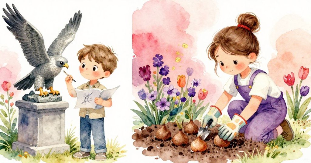 Elias與Mira分列畫面,前者專注描繪雕鷹,後者細心種植花球,展現出和諧與團隊合作之美。