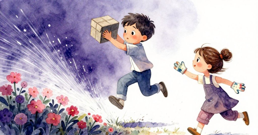 Elias急忙退後抱住炭筆盒,Mira彎腰遮擋濺水,畫面展現急促與保護花圃的緊張感。