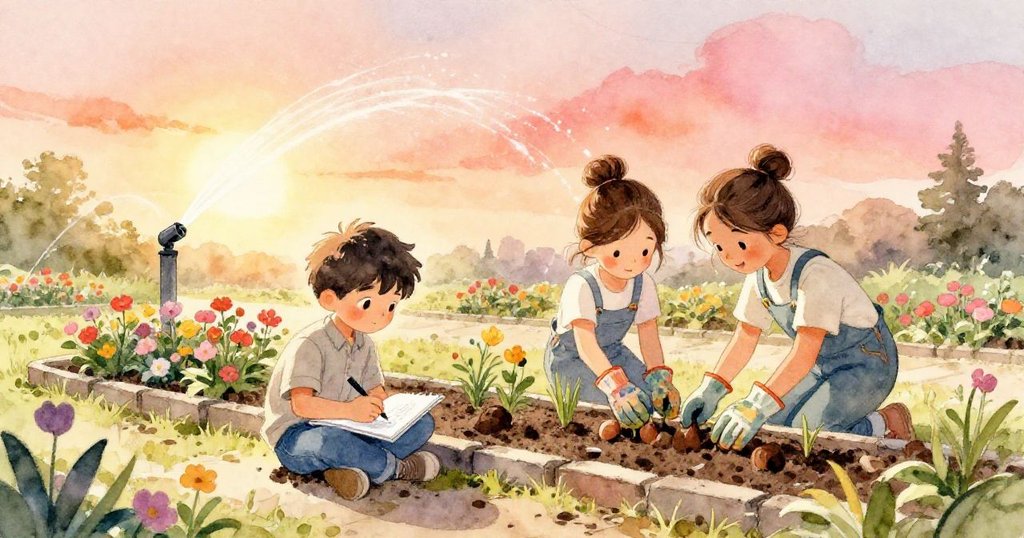 Elias重拾鉛筆素描,Mira穩固花土,灑水器溫柔噴霧,花圃在金色午後光下恢復平靜與生機。