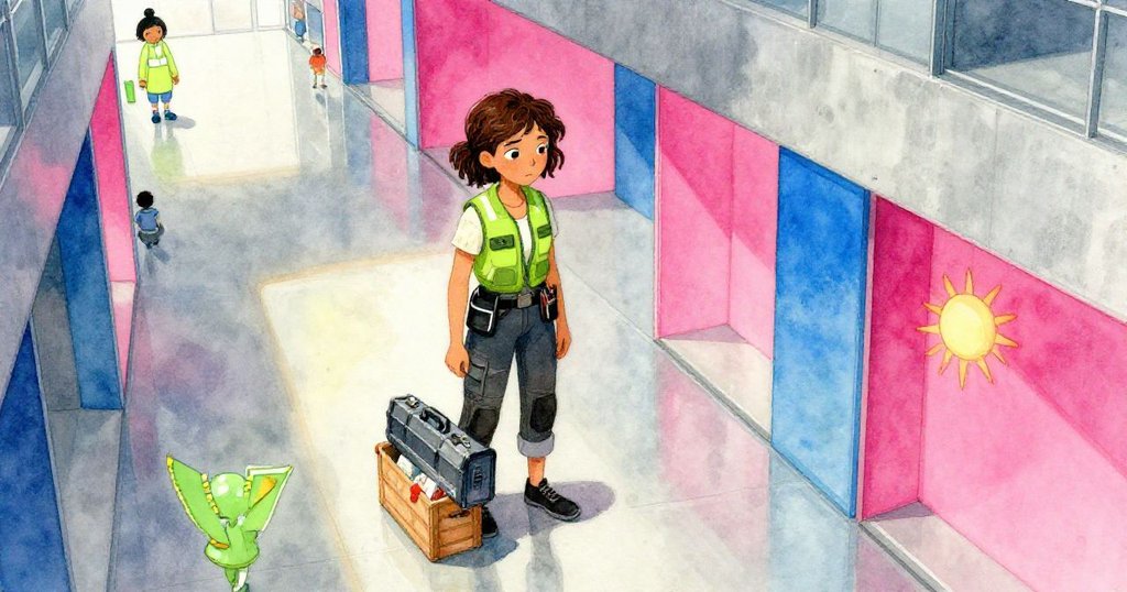 羅莎莉在現代美術館側廳鋪有光亮的混凝土地板上放置工具箱，環境閃爍霓虹色彩，她動作積極、充滿期待。