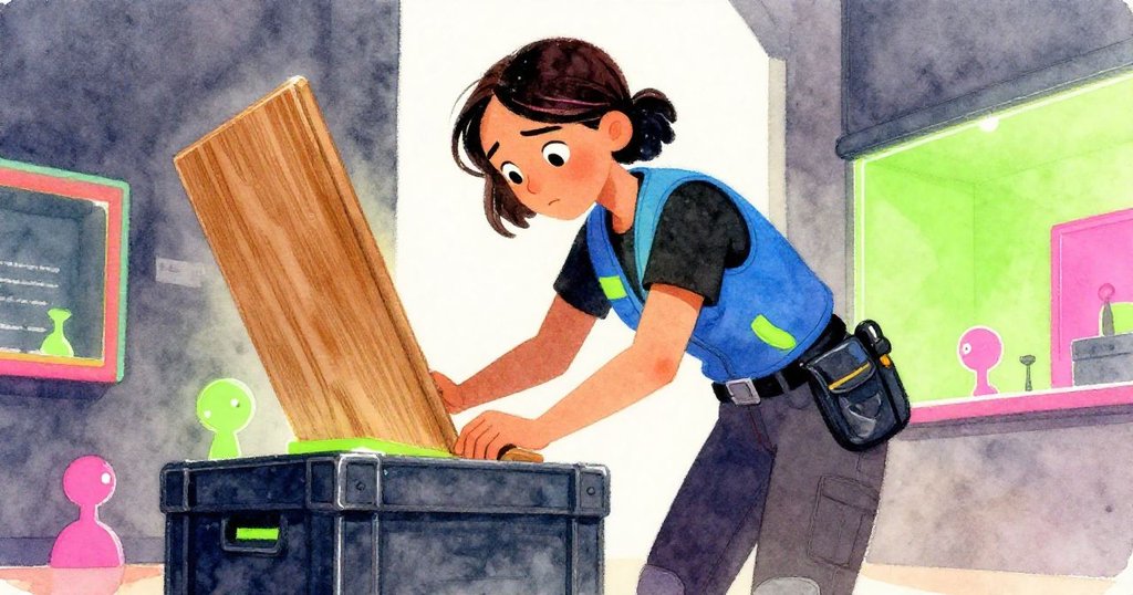 低角度視角下，羅莎莉專注地調整木板並檢查側邊的貨箱，臉上流露專注與略帶憂慮，充滿現代都市感。