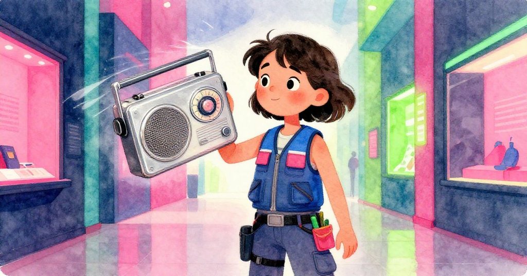 在通道中，送貨門打開帶來一陣強風，便攜收音機掉落並轉動表盤，羅莎莉在後方注意到異動，場景充滿動態。