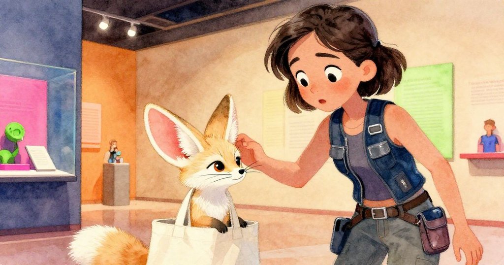 在緊張的時刻，羅莎莉見到一隻小型沙狐逃出箱子，臉上驚訝又憐憫，小狐毛皮豐滿，她正輕柔地用帆布袋捕捉。