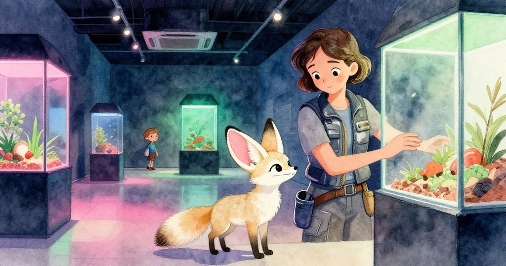 寧靜寬廣的場景中，羅莎莉輕放安靜的沙狐進入展示盒，背景中保全員好奇觀望，整體氛圍溫暖平和。