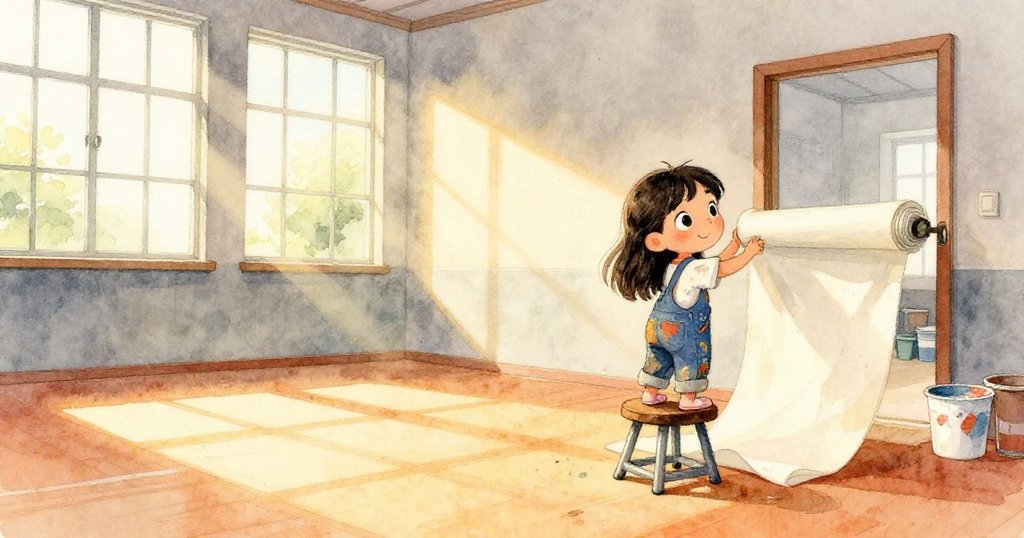 Mia站在明亮門口的健身房內，踩著凳子細看巨幅畫布，陽光透窗灑入室內，展現謹慎與期待。