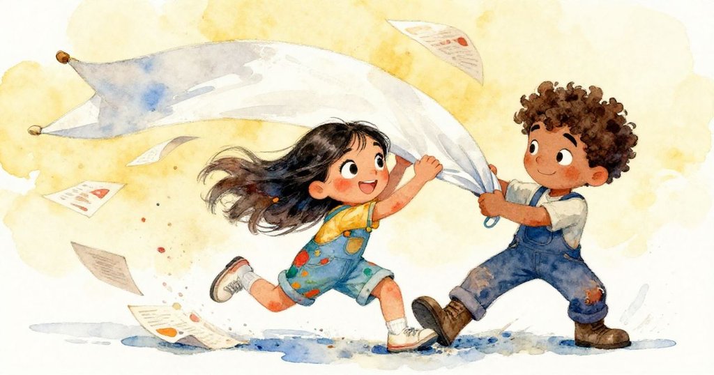 Mia與Ruben在傾斜角度中努力舉起飛揚的畫布，風勢驟起散落文件，展現緊張又生動的瞬間。