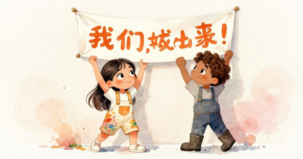 Mia和Ruben堅定地抓住畫布下角，齊心協力向牆邊移動，室內逐漸恢復平靜，展現專注與決心。