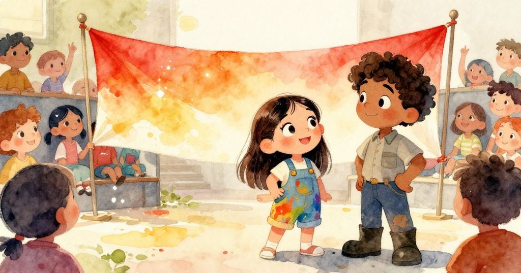 Mia與Ruben滿懷喜悅站在完成的畫布旁，孩子們在寬敞健身房中驚喜觀望，溫暖光線下彩粉靜靜飄散。