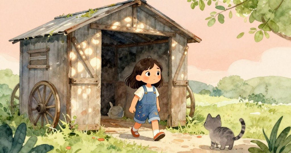 Maya走向舊車棚,晨光灑落在破舊木板上,灰貓在旁觀望,表情充滿期待與好奇。