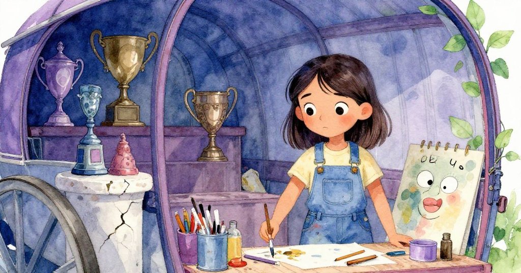 Maya在舊車棚內挑選畫筆和木板,四周擺放著破舊獎座與歷史見證,眼神充滿專注與憧憬。