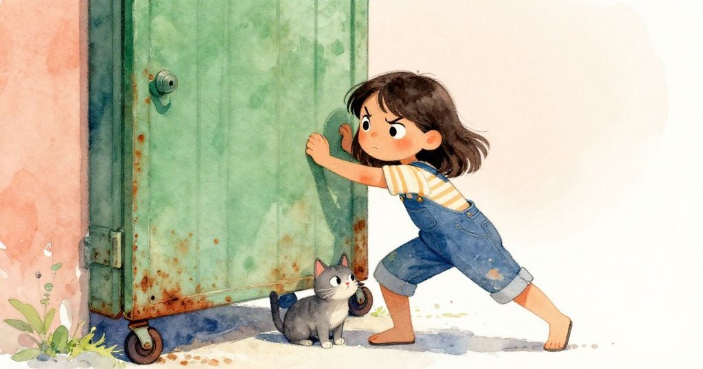 Maya努力拉起生鏽的綠色旋轉門,手握金屬把手,門僅微微抬起,旁邊灰貓尾巴輕動,表情堅定。