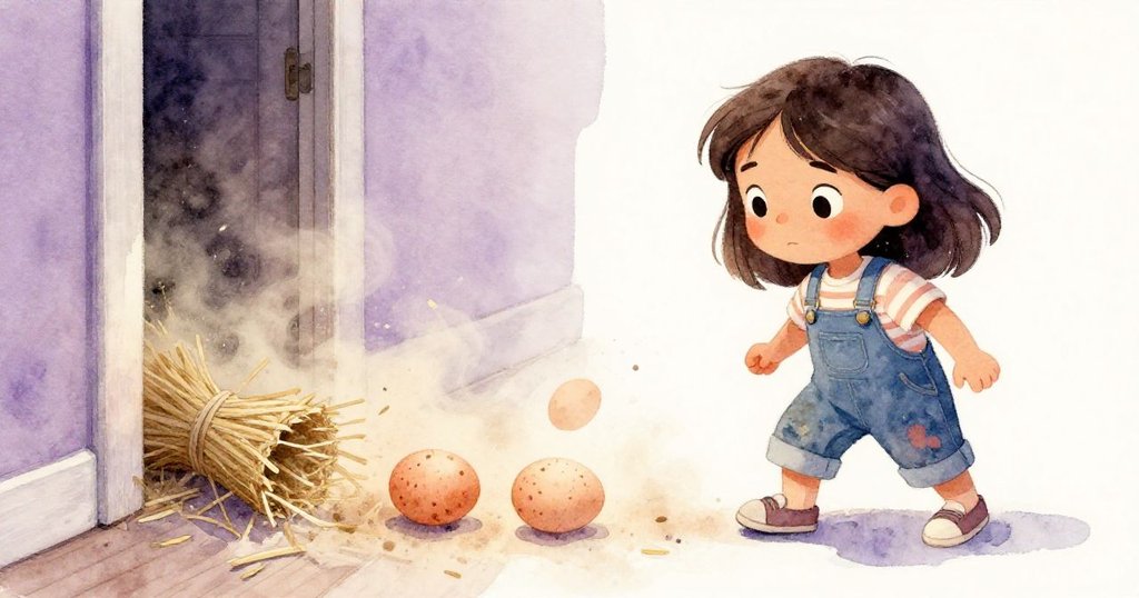 塵土飛揚中,稻草束滑出裂縫,兩顆斑點蛋滾落在Maya的鞋上,灰貓靜靜注視,場景充滿驚奇與混亂。