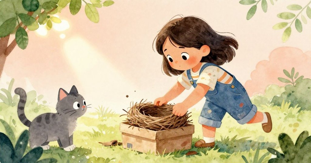 Maya輕輕推動鳥巢到安全箱上,灰貓靜靜凝視,夕陽斑駁光影中展現關愛與緊迫感。