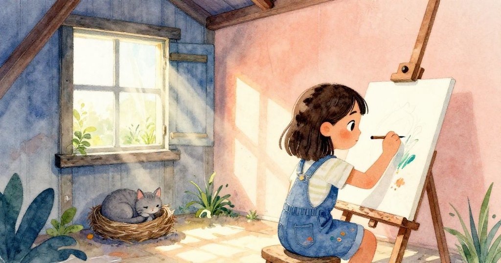 Maya在透光窗邊作畫,灰貓依偎在鳥蛋旁,舊車棚在光影交替中煥發新生,表情滿含堅毅與寧靜。