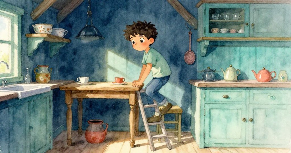 卡萊布在舊小屋廚房內,手持梯子搬運橡木桌,神情專注,光影交錯中展現懷舊氣氛。