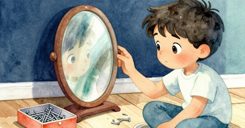 卡萊布仔細檢查塵封鏡子與生鏽釘子,手指輕觸,背景呈現古舊木質與柔和晨光。