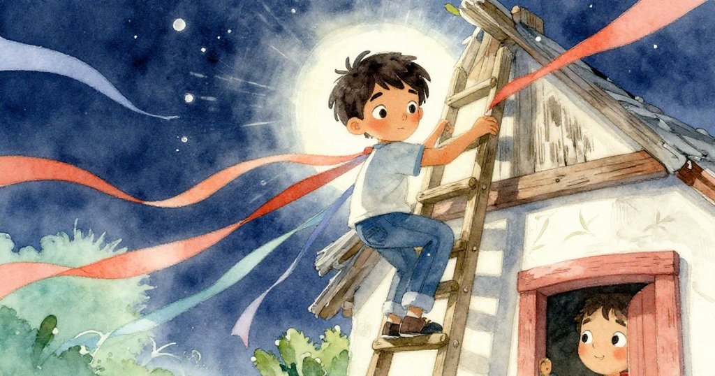 卡萊布攀爬梯子時,彩帶輕拂肩頭,低角度視角展現冒險精神與暖色晨光映襯。