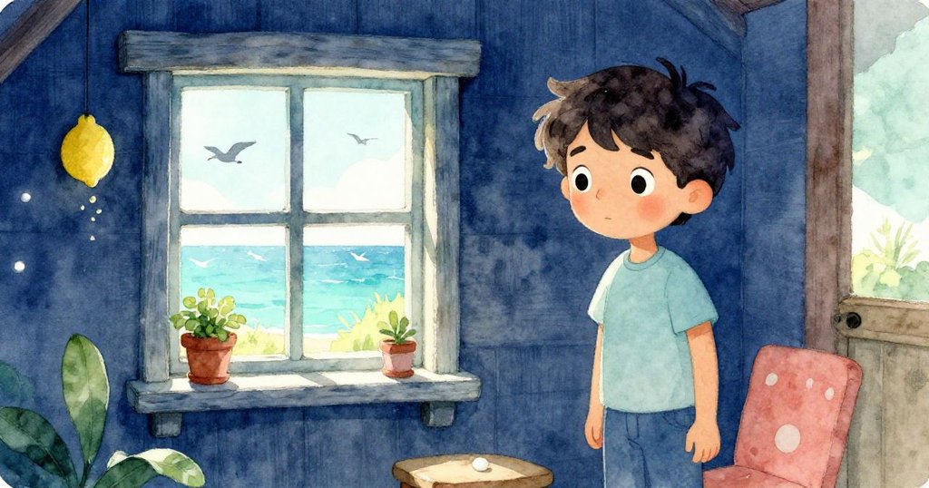 卡萊布站在破舊窗旁,海風吹入室內,窗外海鷗剪影與鹹檸檬氣息營造寧靜氛圍。