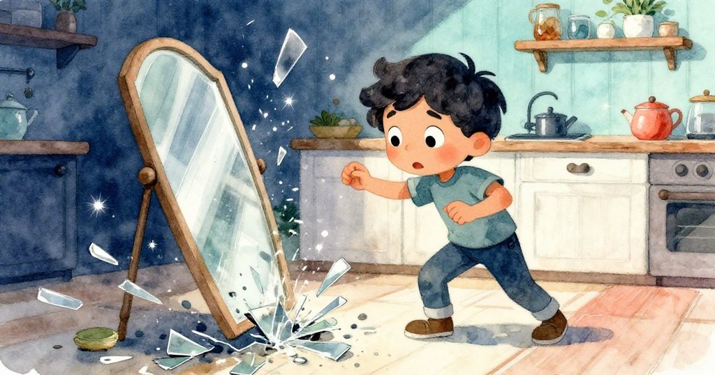 卡萊布驚慌失措中伸手阻擋落鏡,碎片如銀葉飛舞,動感場面展現不可預知的瞬間張力。