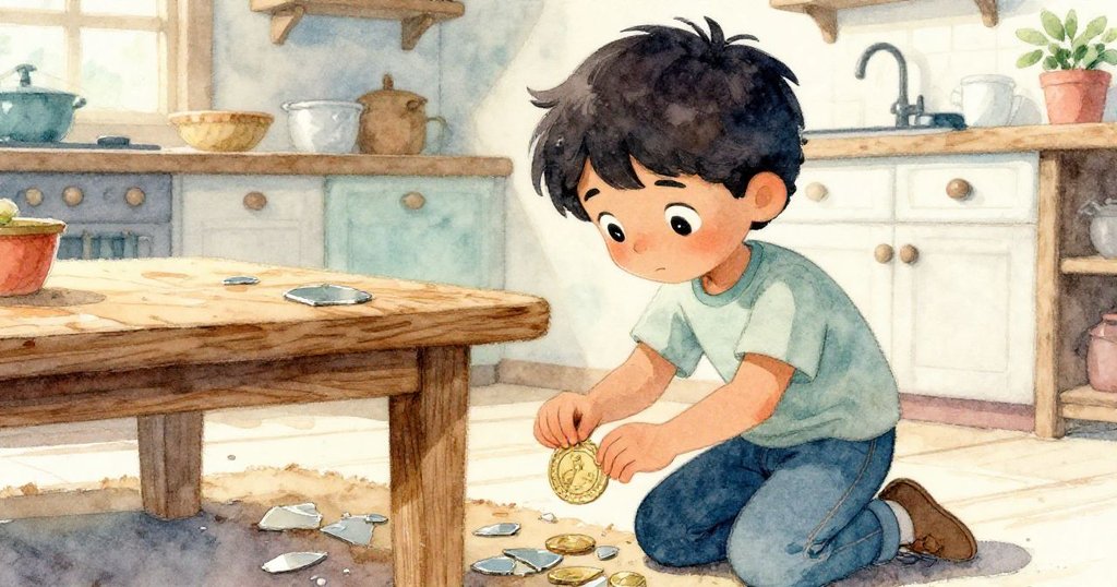 卡萊布蹲在橡木桌旁,溫柔拾起閃光銅牌,周圍散落銀屑映襯著溫柔寧靜的收尾。