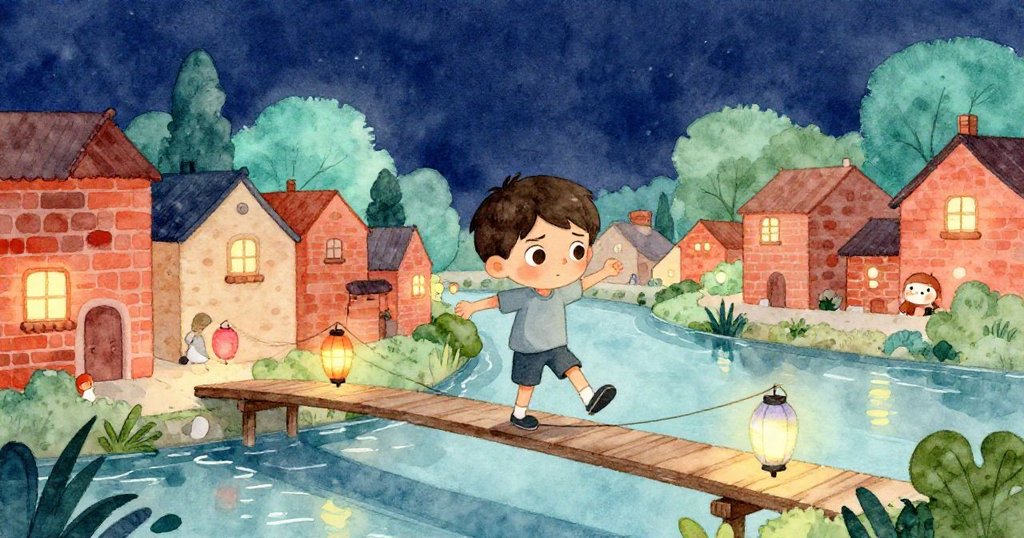 萊昂站在狹窄的運河木橋上，手持繩索掛燈籠，背景有溫暖磚牆與黃昏村景，充滿期待與平靜。