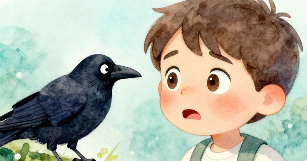 萊昂臉部特寫展現驚訝與焦慮，眼神緊盯著靠近的烏鴉，細緻情感在柔光下鮮明呈現。