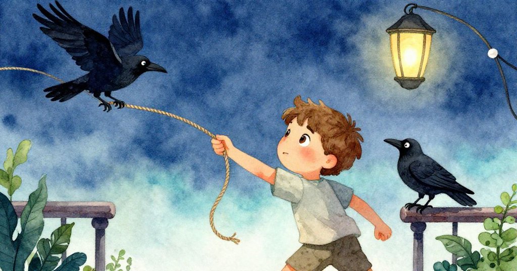 透過狹縫視角觀察，萊昂揮臂拋繩，彩燈繩輕輕擺動，烏鴉伸爪觸碰現場充滿動感與緊湊氛圍。