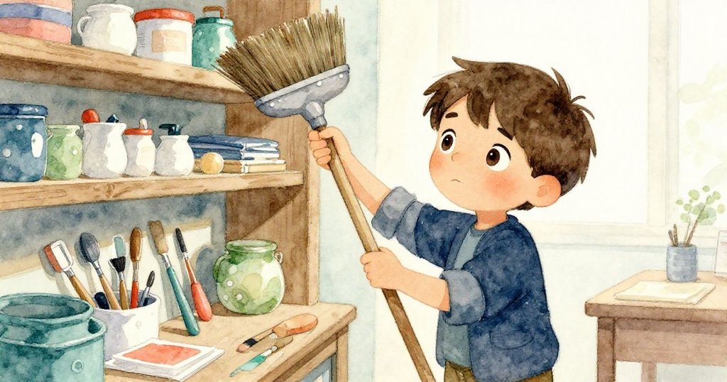 在溫暖畫室中，萊昂急尋工具，用掃帚柄應對失控彩燈，室內畫具整齊陳列，神情堅定緊迫。