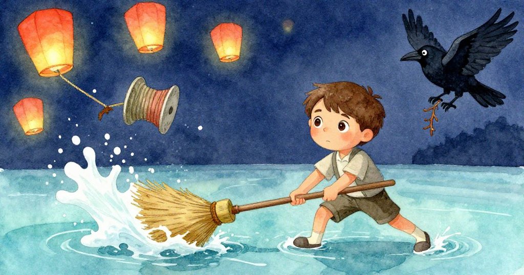 萊昂用掃帚柄急救逐水燈軸，彩燈傾斜、水花四濺，烏鴉掉下閃亮小枝，現場動感激烈充滿因果。