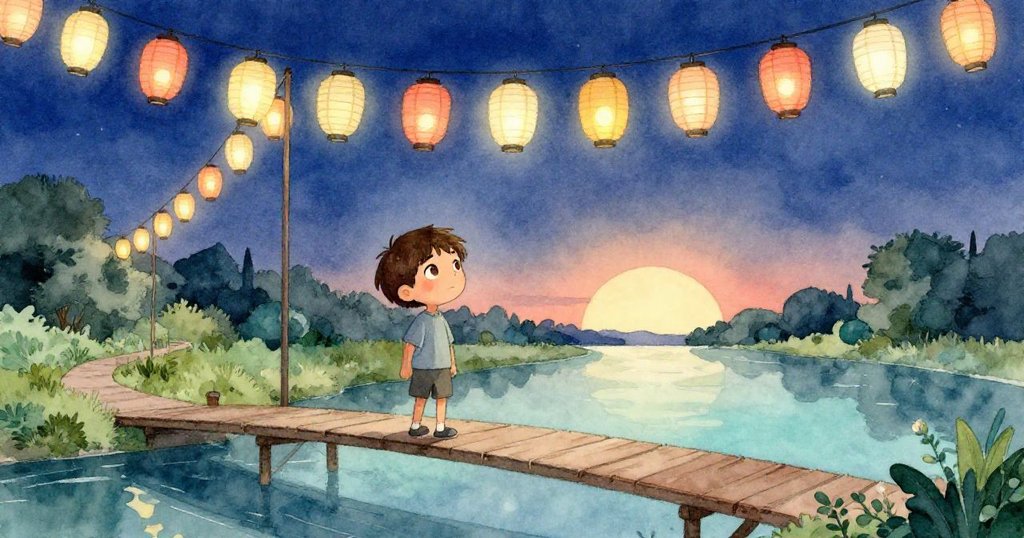 夕陽下，萊昂站在運河木橋上凝望遠方，彩燈優雅懸掛，表情滿足，未來之路充滿希望與寧靜。