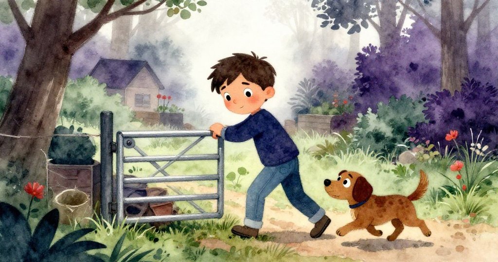 晨霧籠罩的蔬菜園中，Lukas推門而入，Milo歡快跟隨，神情堅定且充滿期待，營造溫馨新季節感。