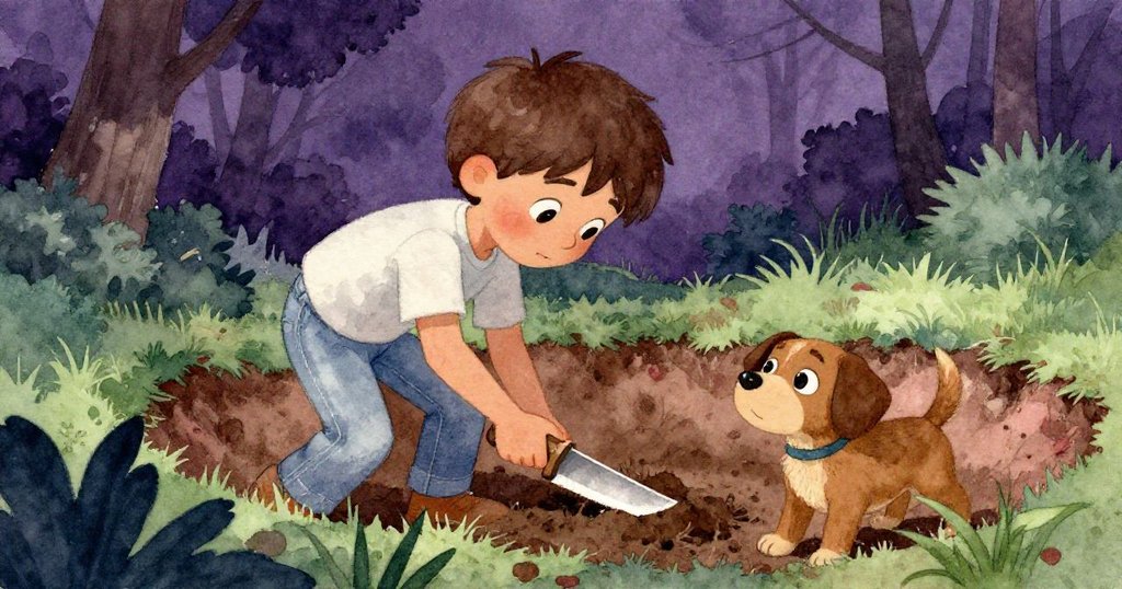 從Lukas背後觀察，他努力劈入堅硬土壤，旁邊Milo好奇探索溝渠，動態互動中蘊含溫馨與幽默氣氛。