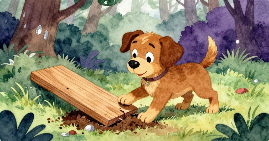 Milo在蔬菜園角落玩耍挖掘，發現隱藏腐殖土，木板微掀展現秘密感，充滿探索與驚喜情感。