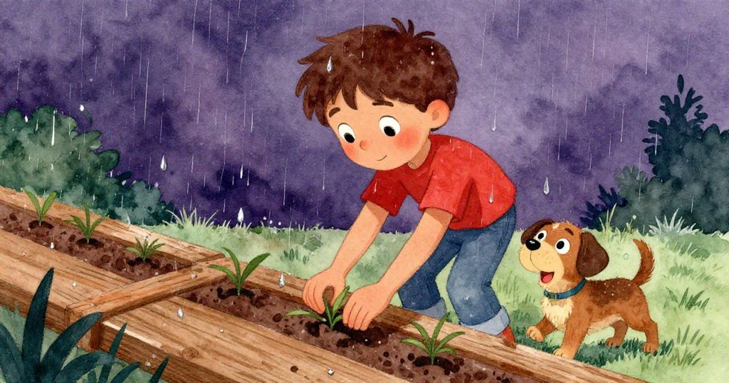 雨滴拍打木板時，Lukas迅速調整計畫，Milo活潑反應，動態場景中呈現專注與溫柔指導情緒。