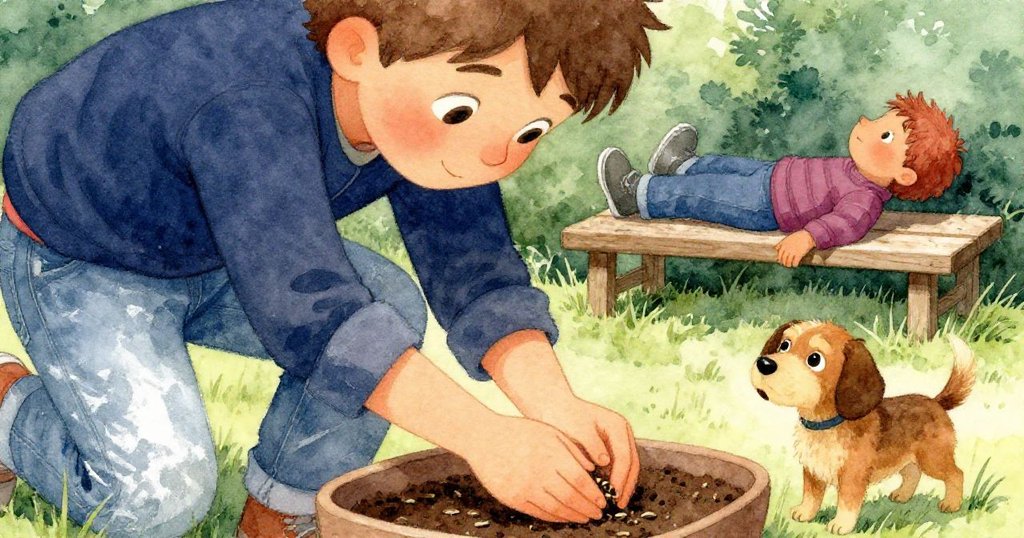 Lukas溫柔覆蓋種子，臉上流露著滿足，Milo安靜臥於長椅下，畫面呈現結局與新希望的溫馨感受。