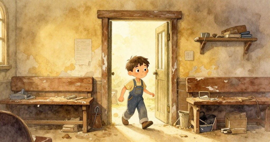 Leon走進舊工作坊大門,捲起袖子充滿期待,背景滿是塵埃、斑駁油漆與溫暖晨光,展開探索之旅。