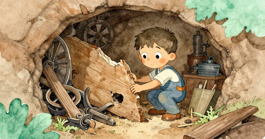 Leon在隱蔽角落裡發現破舊木板後的機械零件,驚喜探查蒸汽機秘密,細節豐富展現歷史與發現的交織。