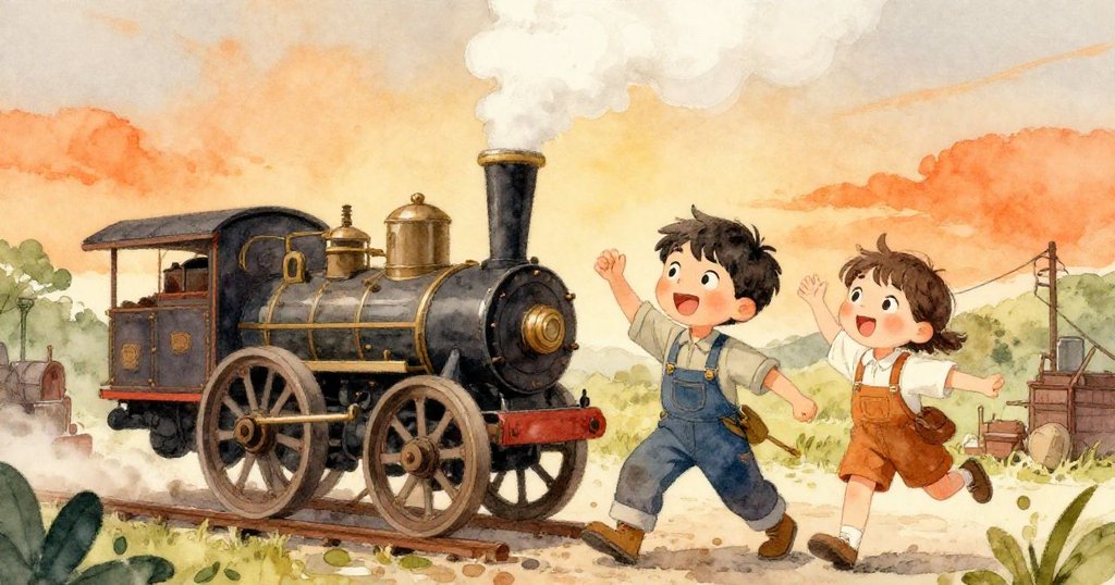 Leon和朋友在工作坊中驚喜慶祝:蒸汽機轉動並吐出蒸氣,夕陽與晨光交織,臉上洋溢快樂與驚喜。