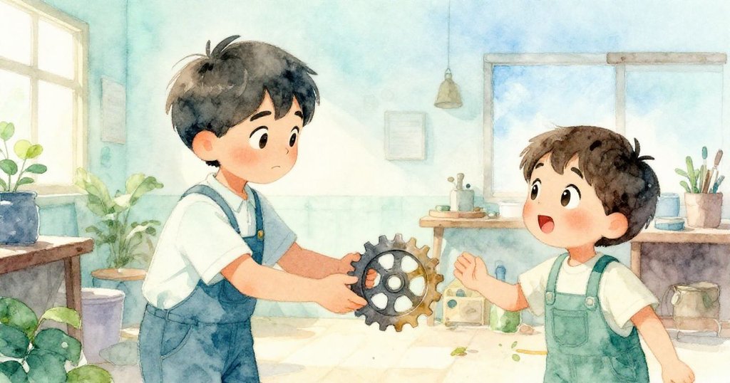 Leon將修復齒輪遞給朋友,象徵共同完成機器復活,溫馨的工作坊中展現友情與希望,故事溫暖完結。