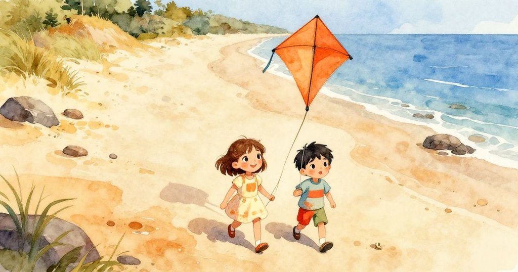 Mia 與 Leo 手提橙色風箏在沙灘上行走,鳥瞰岩石、沙丘及海水,展現期待與喜悅的情景。