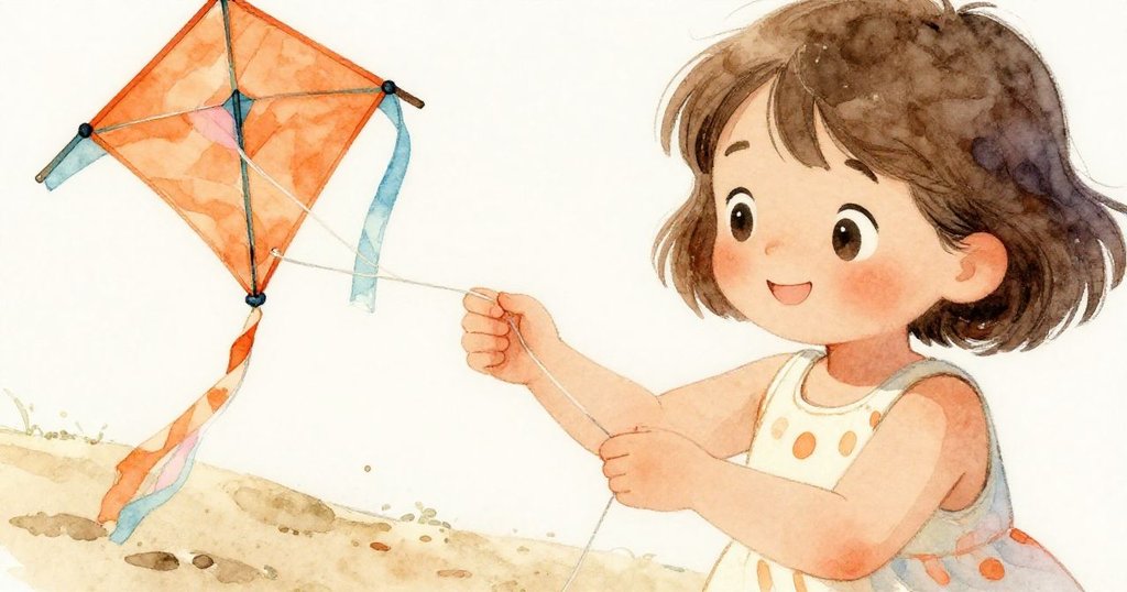 Mia 小心整理風箏線,指尖輕觸沙粒,專注修補斷裂風箏尾巴,展現堅毅與溫柔的精神。