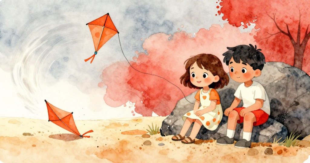 風起時風箏斷尾倒落,Mia 與 Leo 急躲岩石後急救風箏,分割畫面呈現緊急與應變情景。