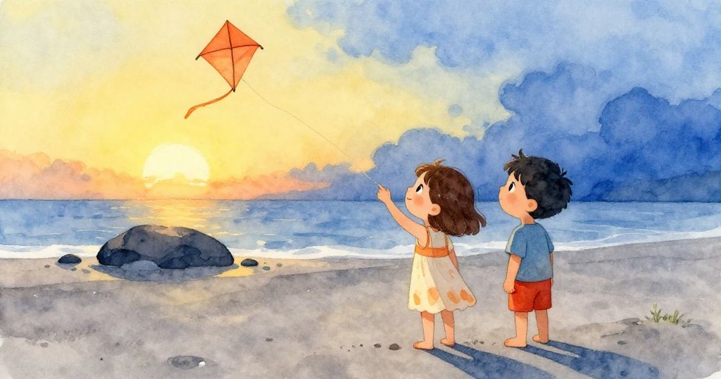 日暮時分,Mia 與 Leo 在沙灘上凝望修補後風箏逐漸攀升,夕陽映照海邊景致,滿懷平靜與希望。