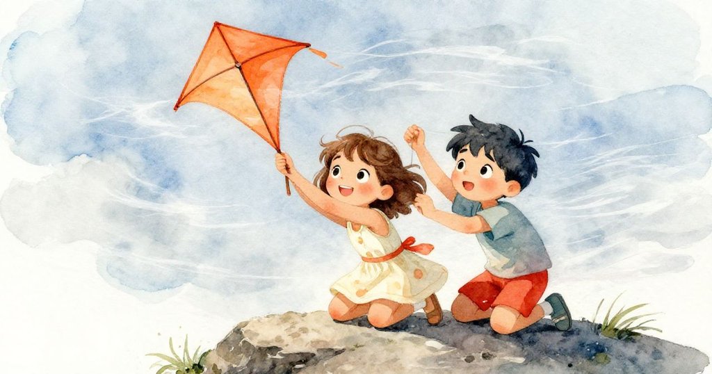 Leo 與 Mia 膝蓋蹲於岩後穩住風箏,面對強風挑戰,專注與堅毅流露無遺,勇敢奮戰情景。