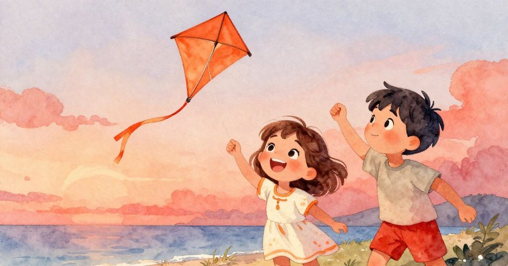 Mia 與 Leo 在海邊享受重生風箏高飛象徵希望,笑容滿面、輕鬆自豪,畫面充滿愉悅與成就感。